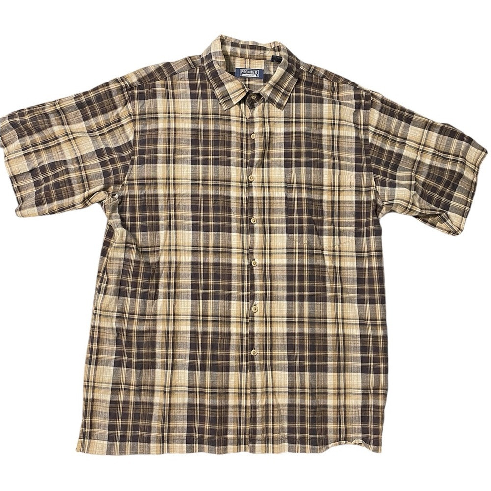 Premier Vintage Plaid Shirt Mens XXL Brown Yellow Button Up Short Sleeve, New